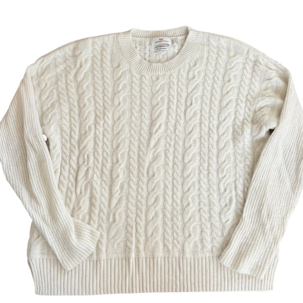 Vineyard Vines Women Cream Cashmere Cable Knit Sequin Sweater 2E001667 L